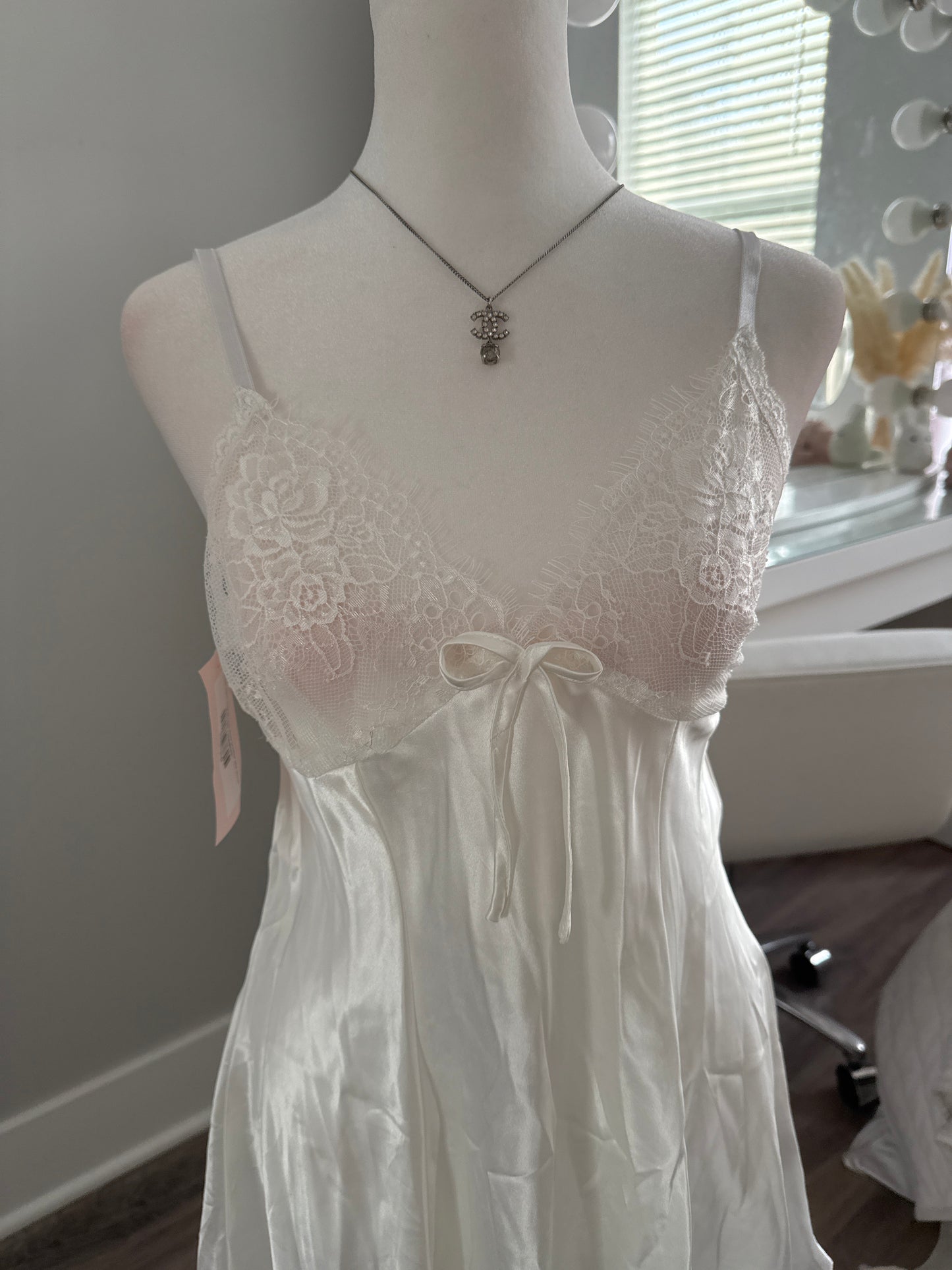 white satin eyelet lace bow bustier slip dress