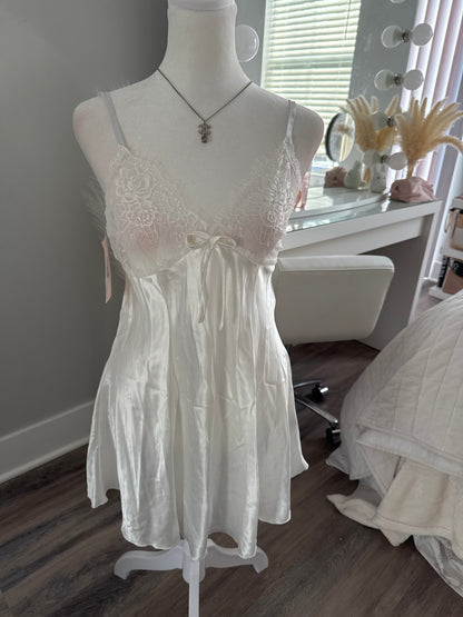 white satin eyelet lace bow bustier slip dress