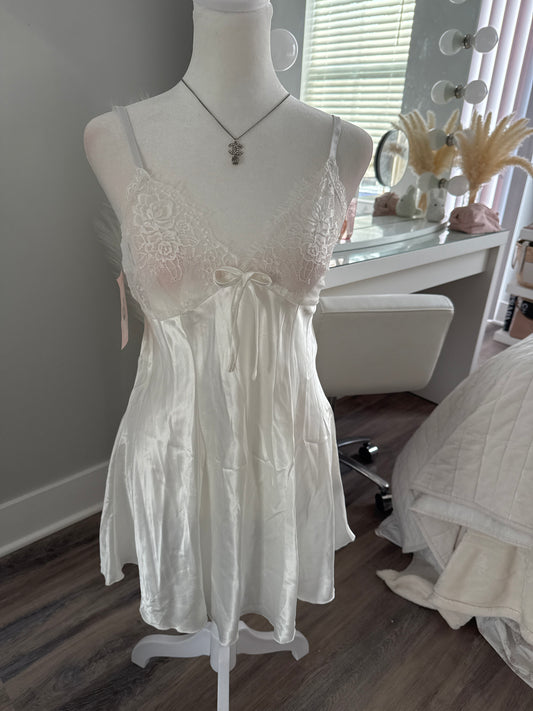 white satin eyelet lace bow bustier slip dress