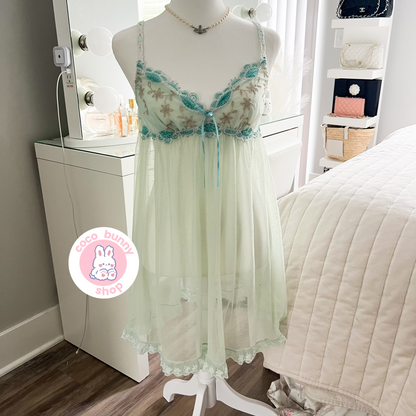 seafoam mesh embroidery ruffle dotted slip dress