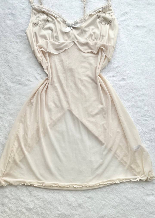 vintage korean ethereal bejeweled heart ribbon slip dress