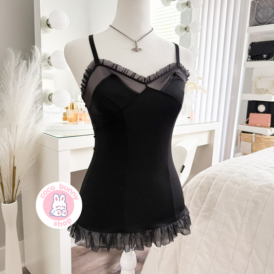 victoria’s secret black satin ruffle camisole