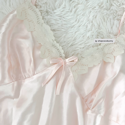 pink satin ruffle lace bustier slip dress