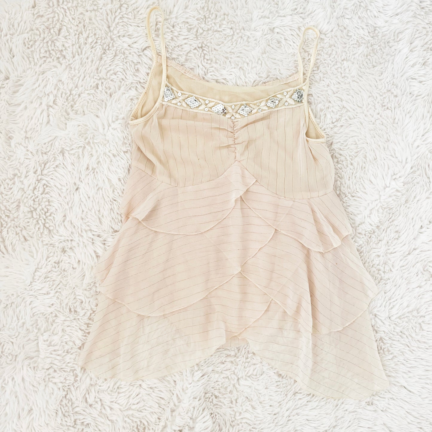 fairy sequin cream shimmer ruffle waterfall camisole