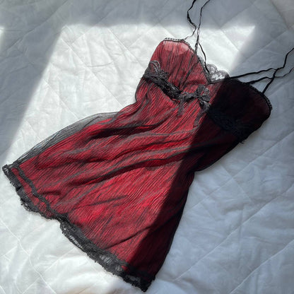 whimsical goth black and red lace slip dress