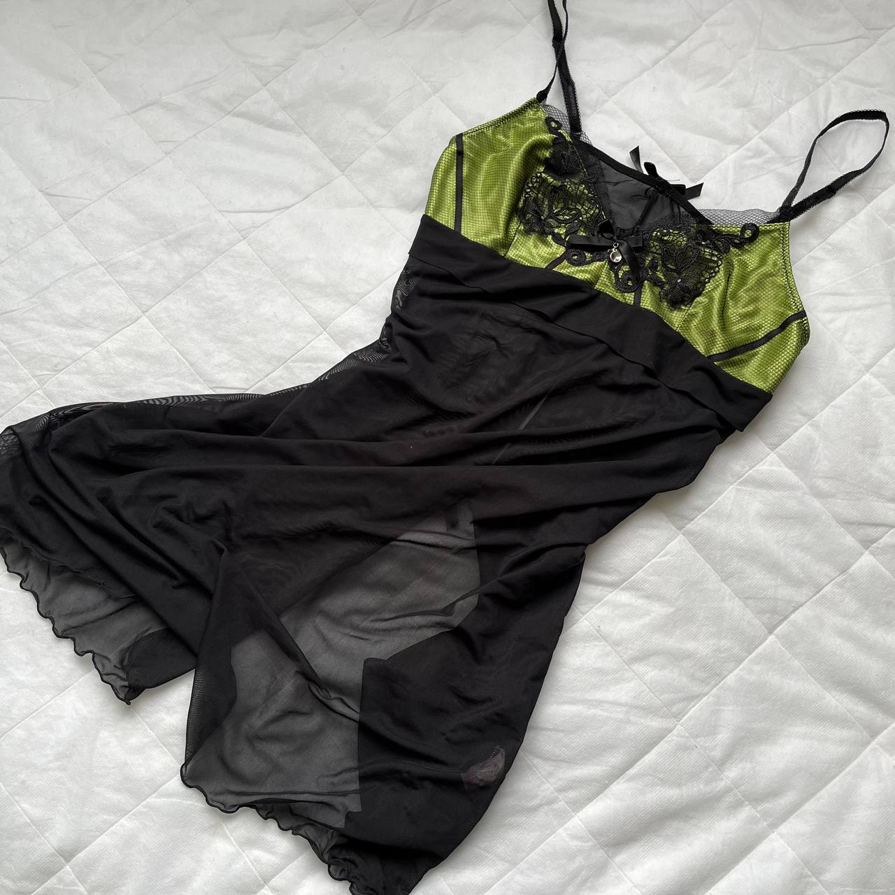 korean brand whimsical goth black and green lace slip dress