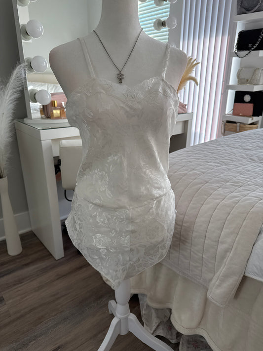 scallop lace trim satin floral pattern bodysuit