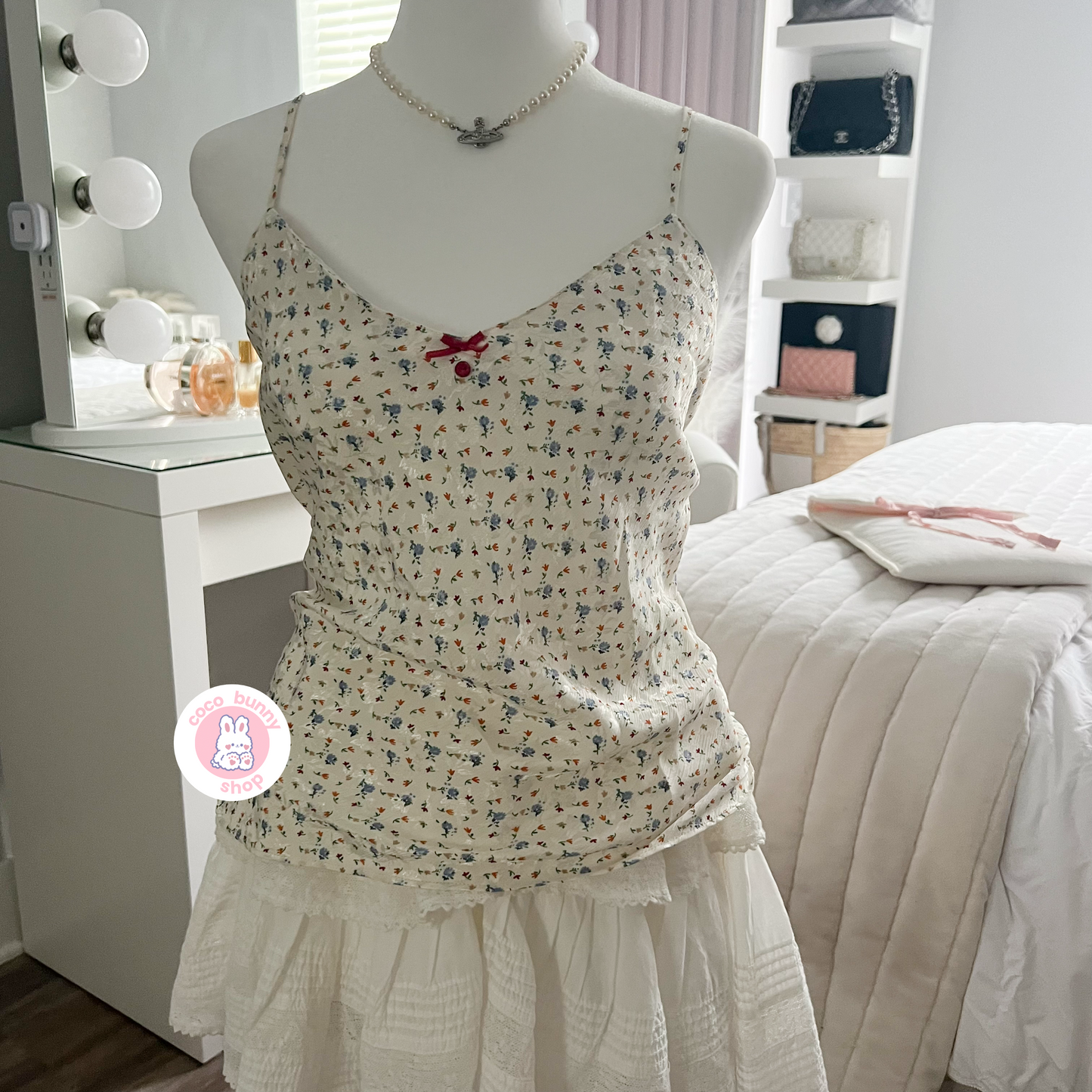floral button bow button camisole