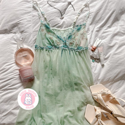 seafoam mesh embroidery ruffle dotted slip dress