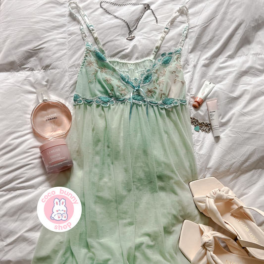 seafoam mesh embroidery ruffle dotted slip dress