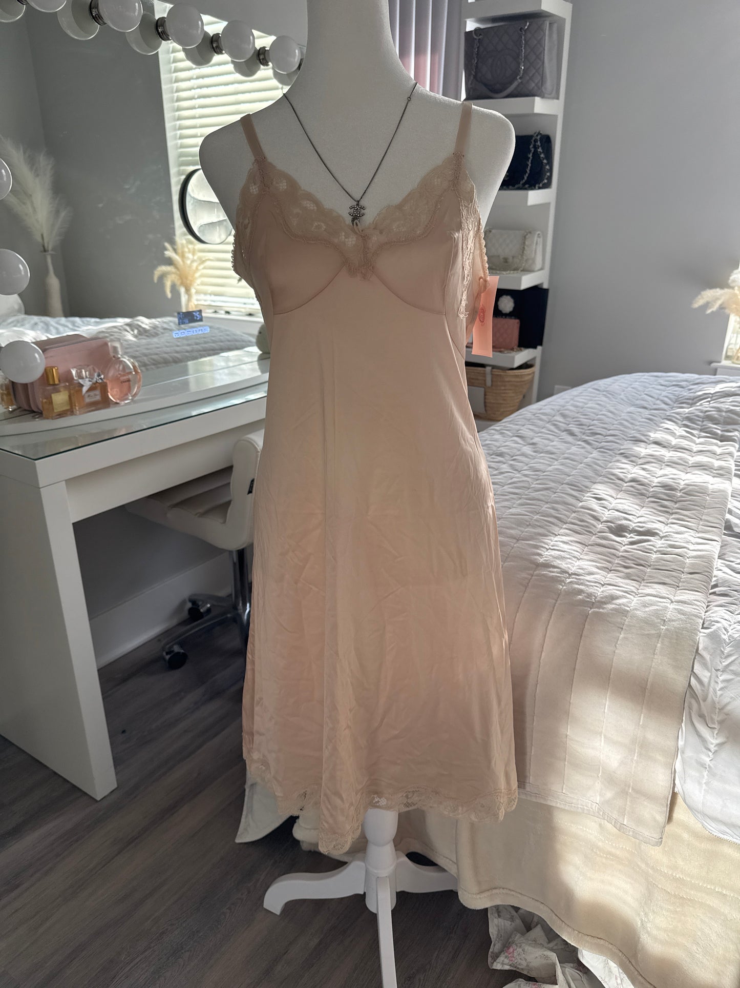 mauve lace bow slip dress
