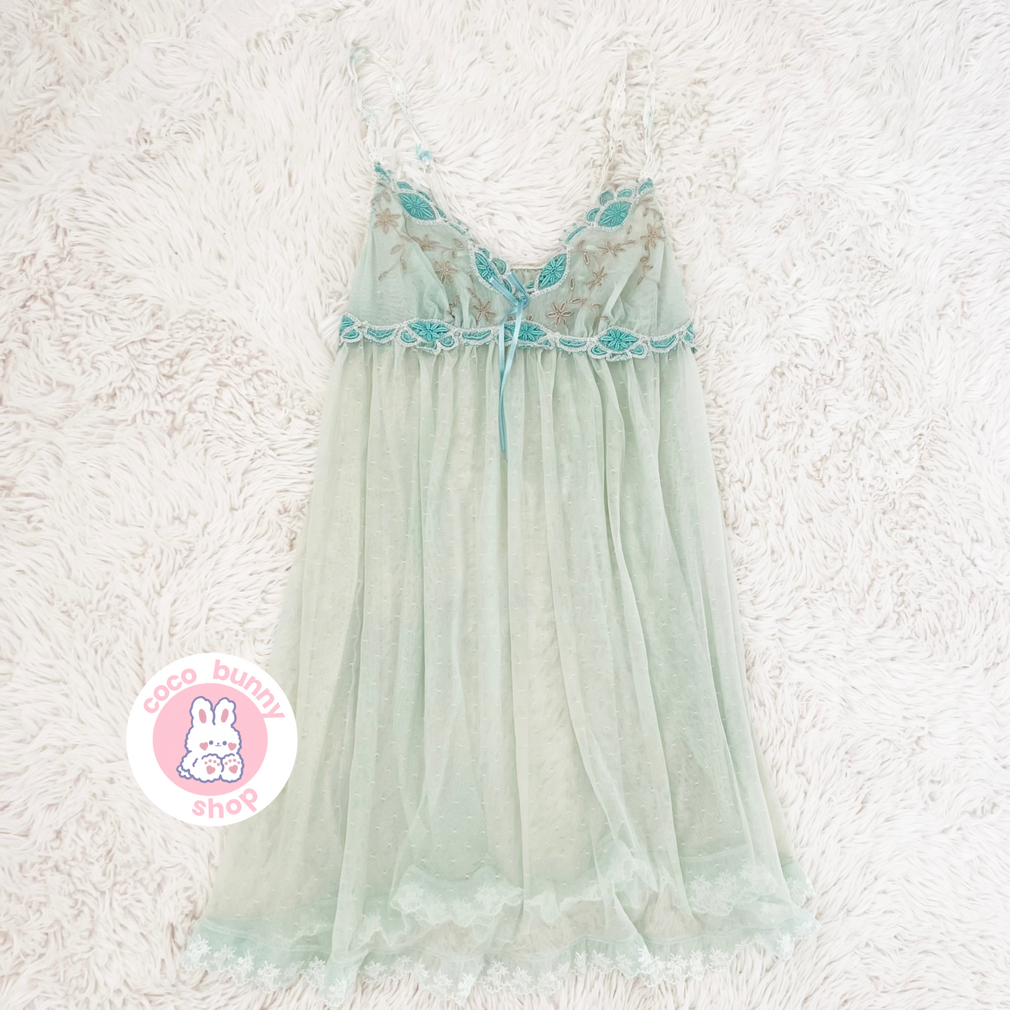 seafoam mesh embroidery ruffle dotted slip dress