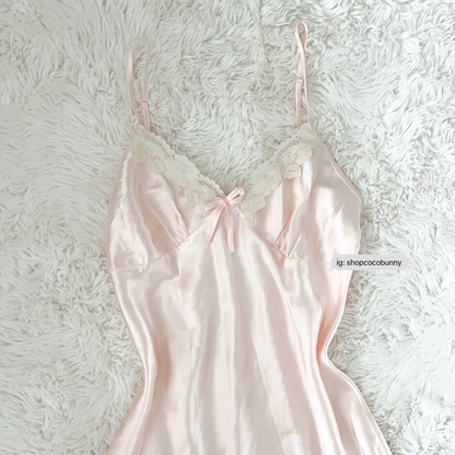 pink satin ruffle lace bustier slip dress