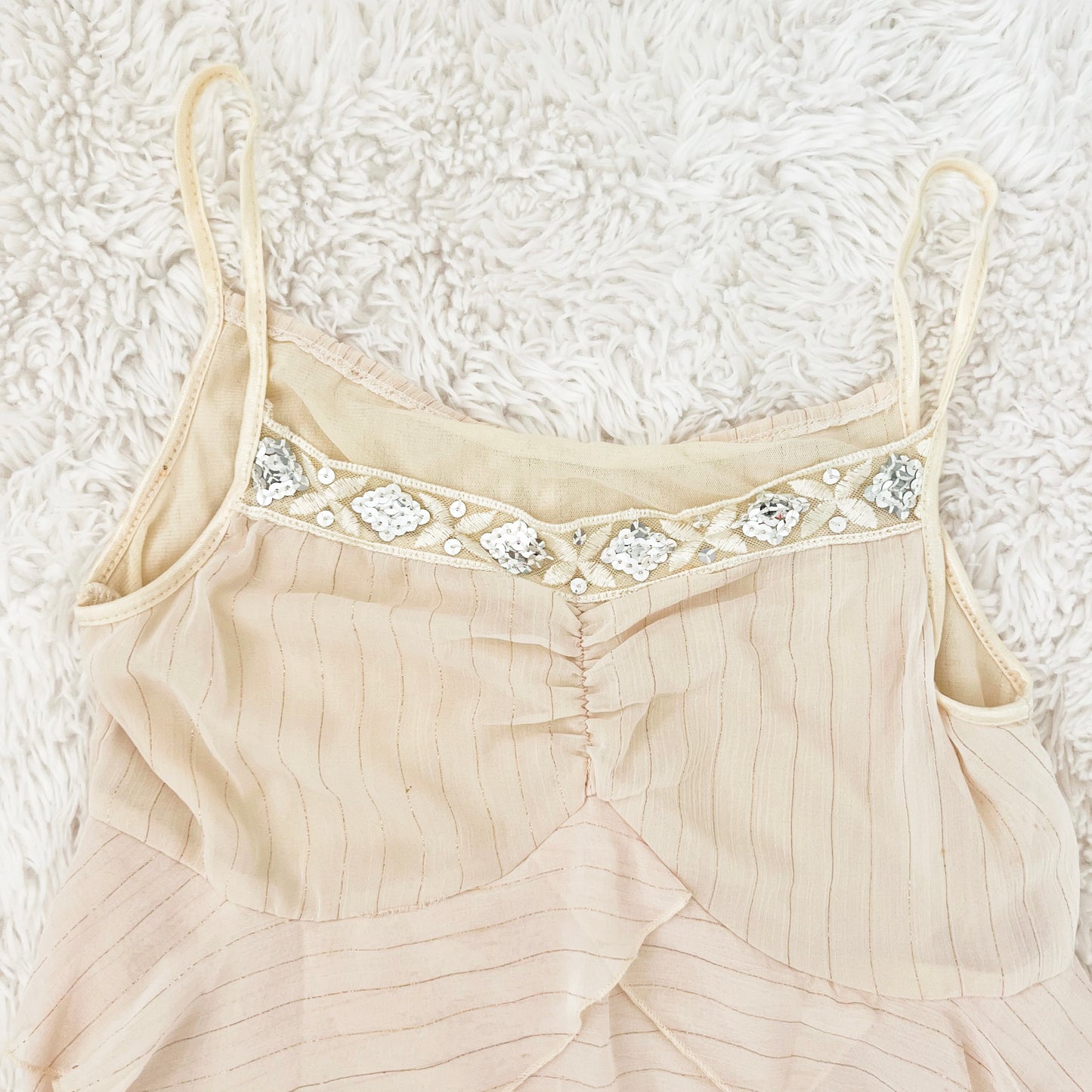fairy sequin cream shimmer ruffle waterfall camisole