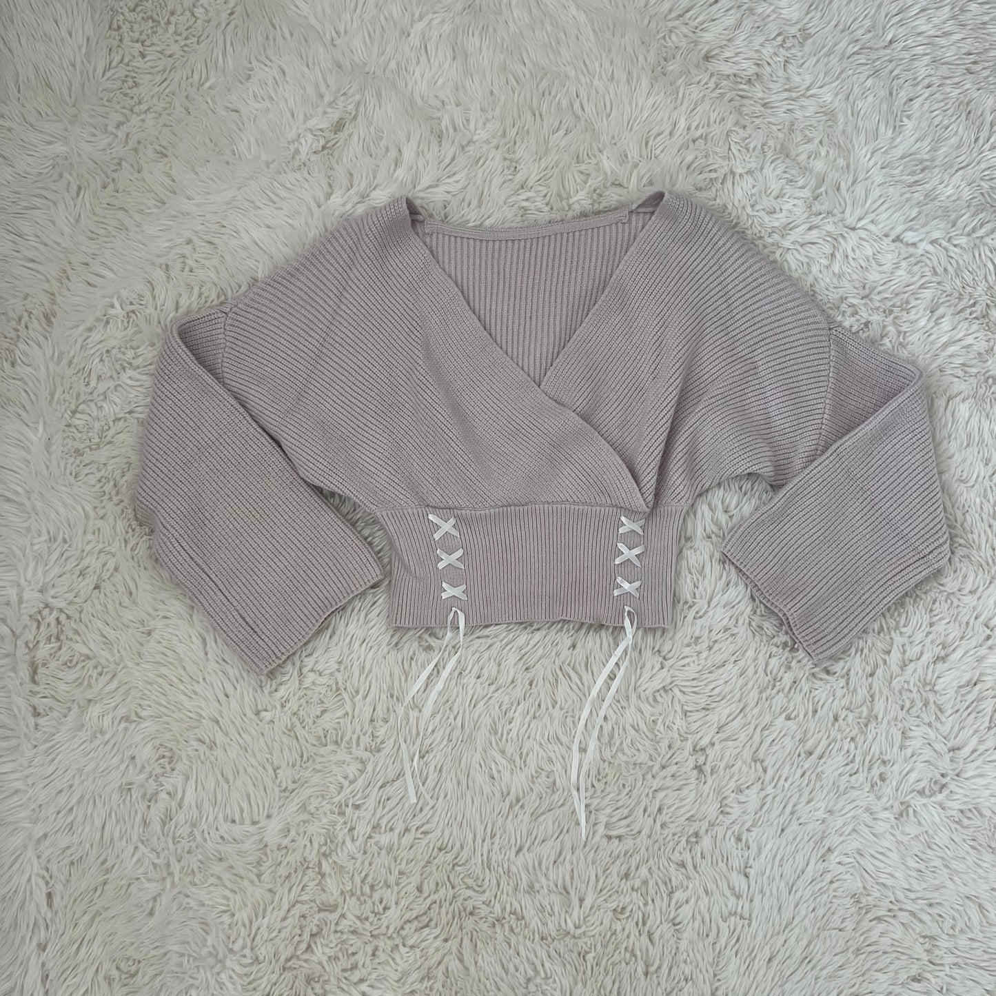 knit dusty purple bow ribbed sweater