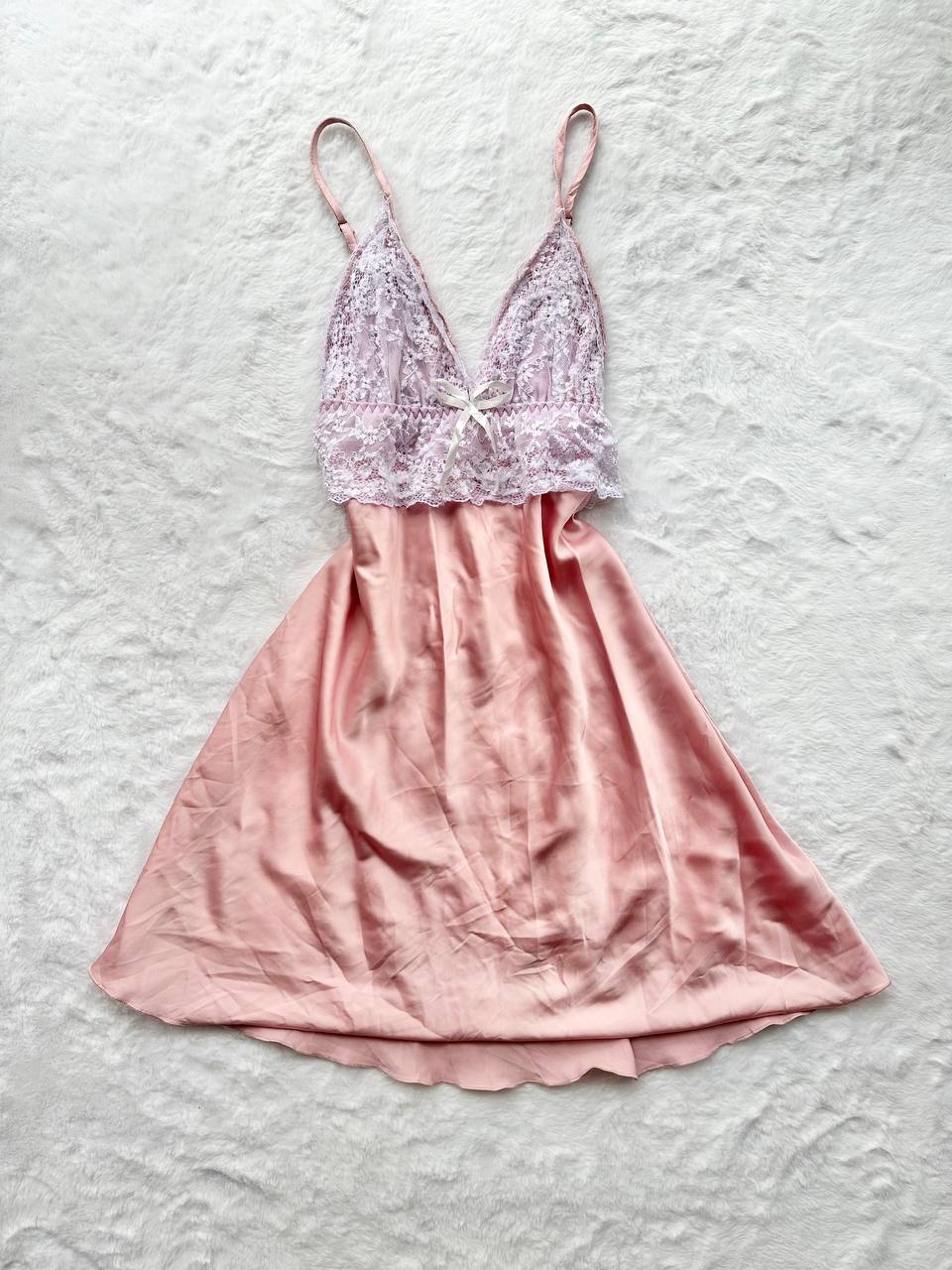 pink satin white lace v neck slip dress