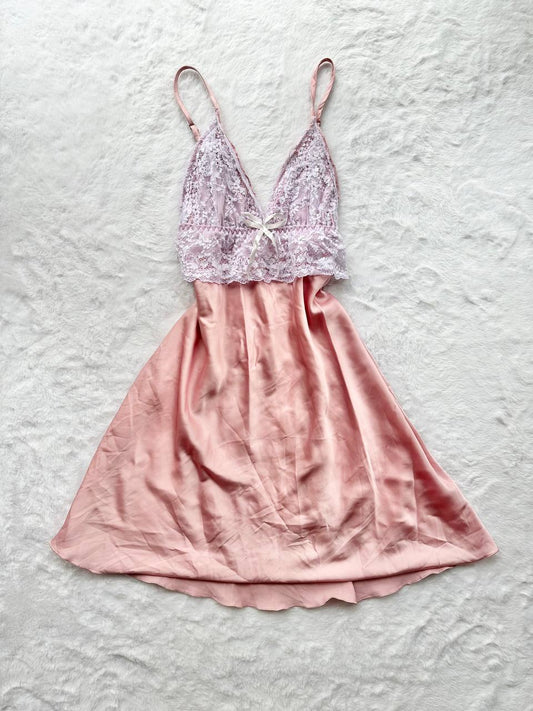 pink satin white lace v neck slip dress
