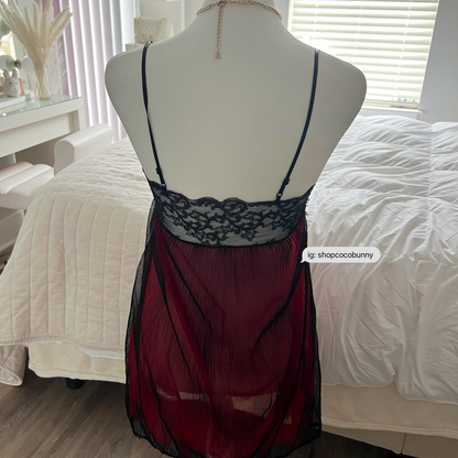 whimsical goth black and red lace slip dress