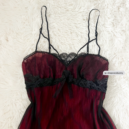 whimsical goth black and red lace slip dress