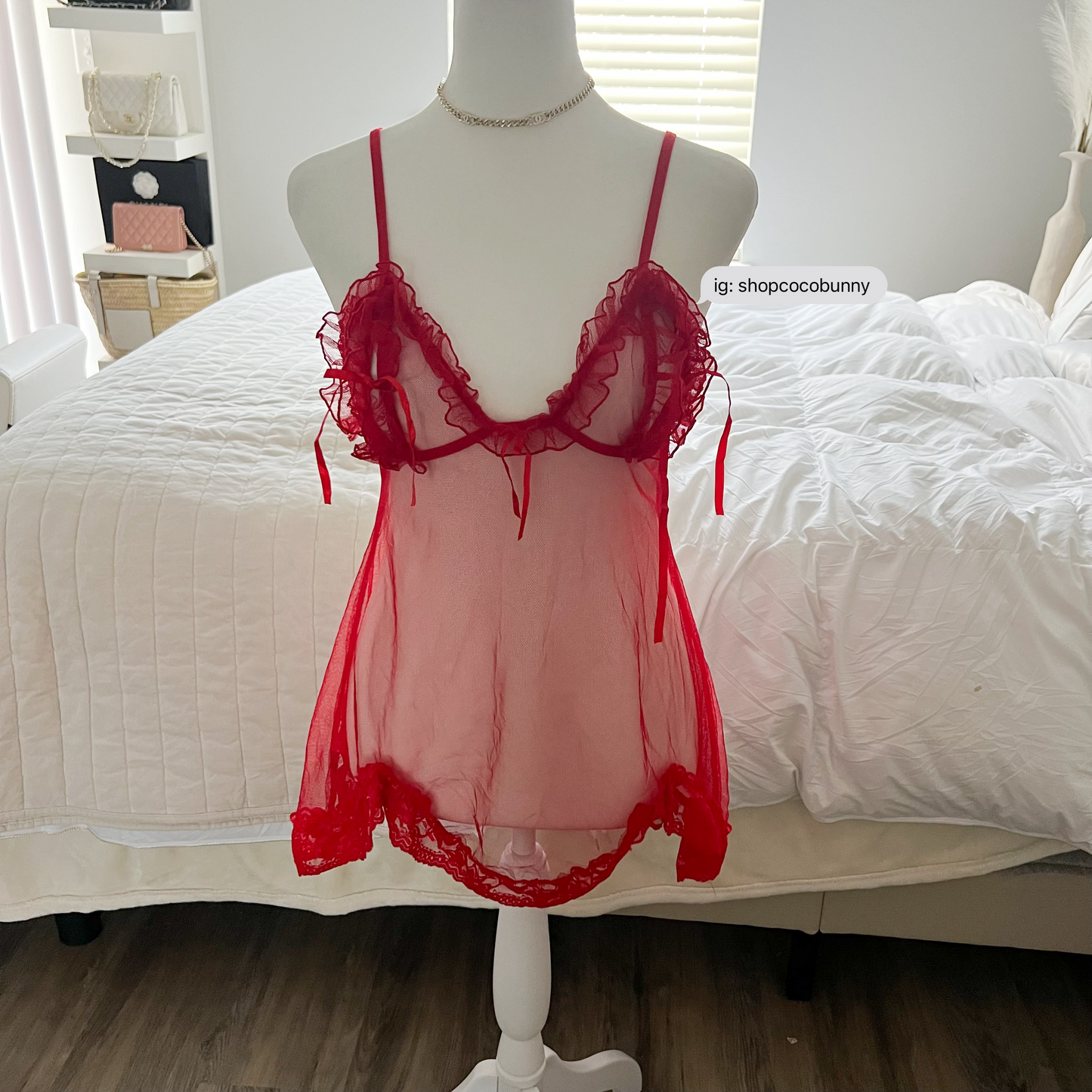 spicy red ribbon sheer slip dress