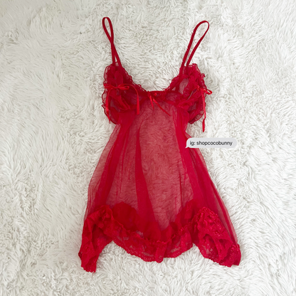 spicy red ribbon sheer slip dress
