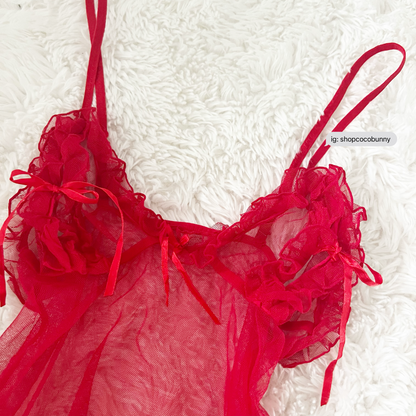 spicy red ribbon sheer slip dress