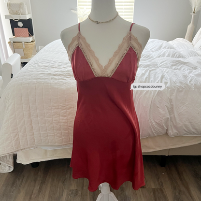 gold lace and red slip dress
