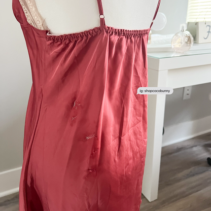 gold lace and red slip dress