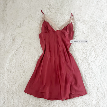 gold lace and red slip dress