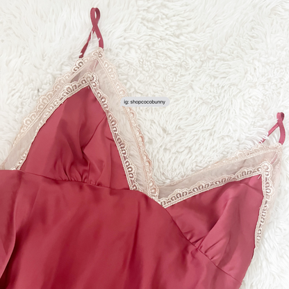 gold lace and red slip dress