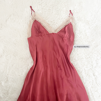 gold lace and red slip dress