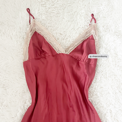 gold lace and red slip dress