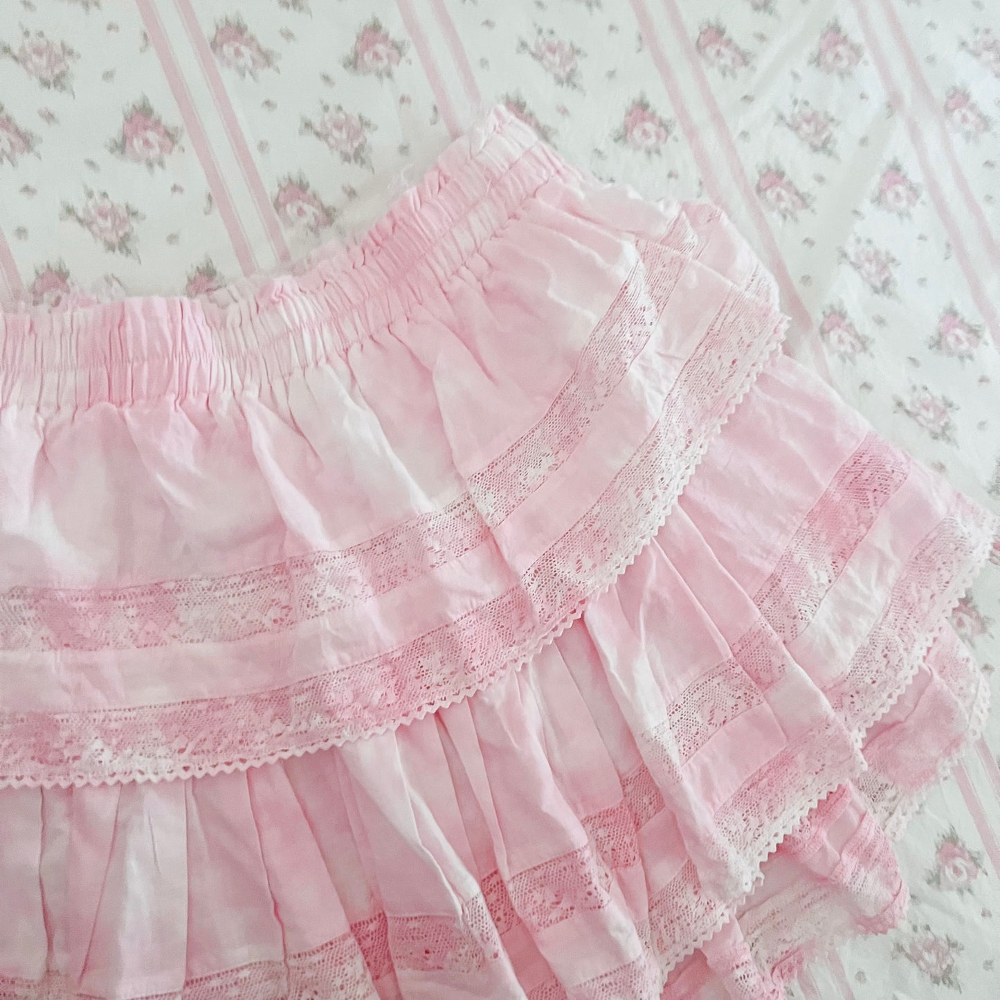 loveshackfancy pink ruffle heritage mini skirt