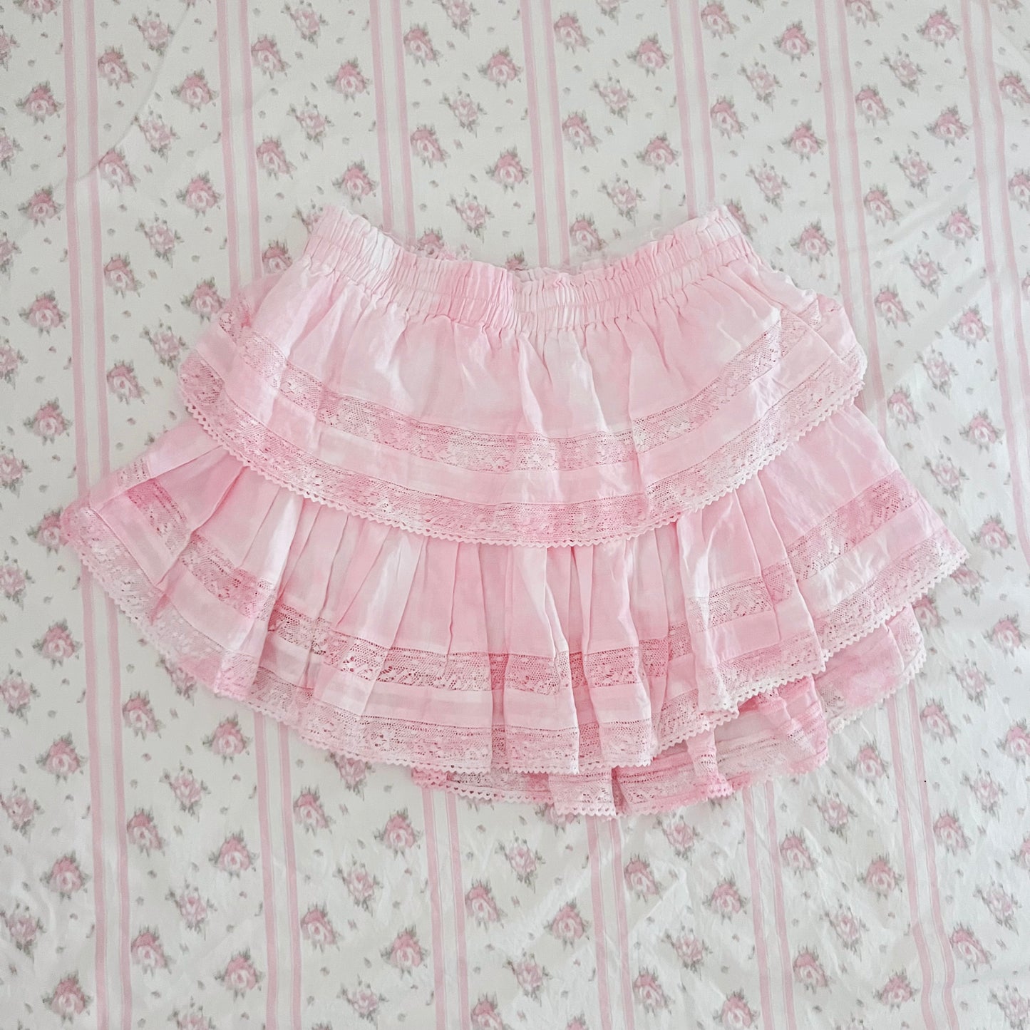 loveshackfancy pink ruffle heritage mini skirt